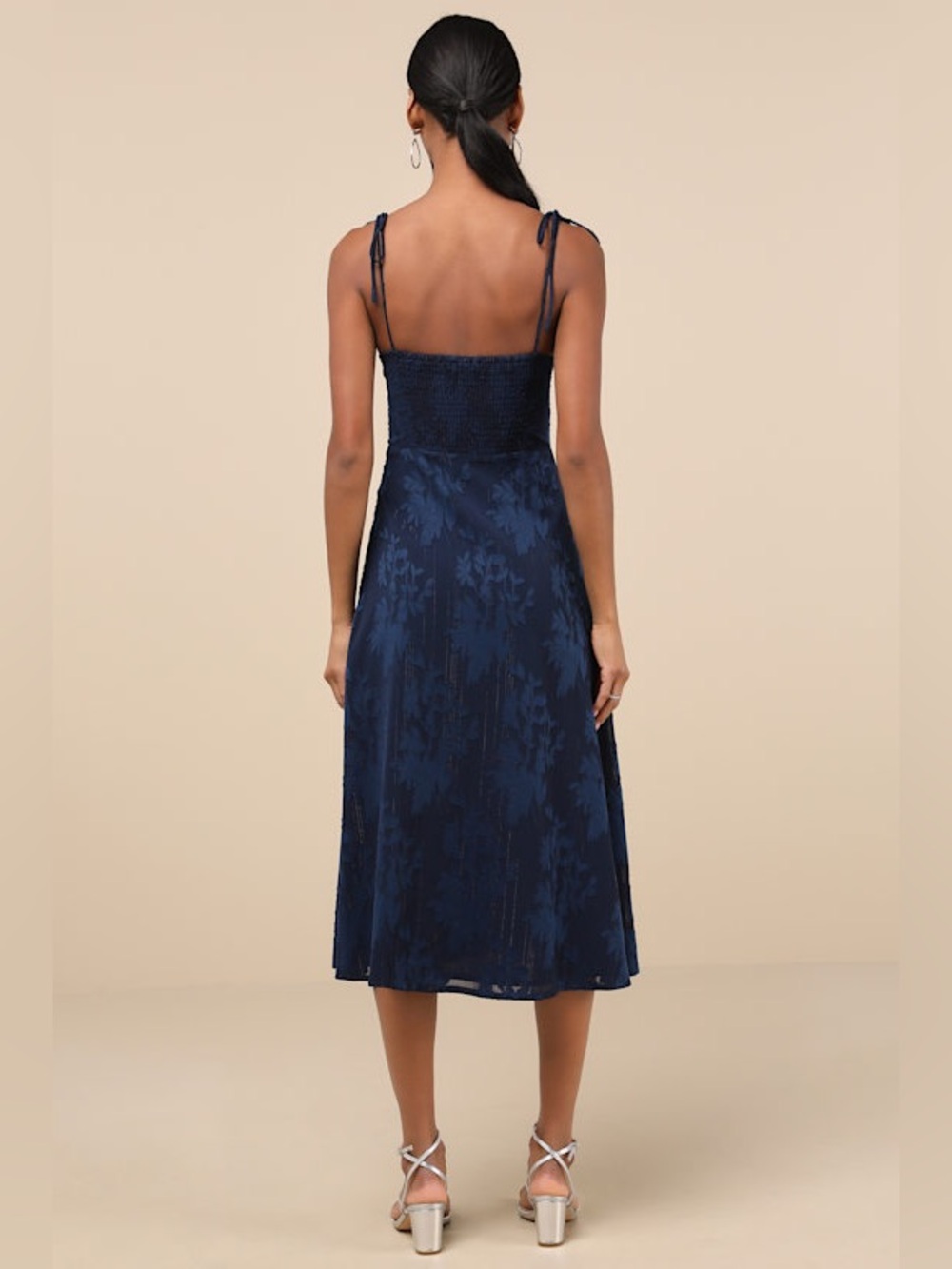 NWT Lulus Loveliest Looks Navy Blue Floral Jacquard Tie-Strap Midi Dress Size L - Picture 6 of 15